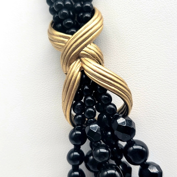 Oscar de la Renta Black Glass Bead Multistrand Layered Swag Necklace Gold Detail - Picture 8 of 13